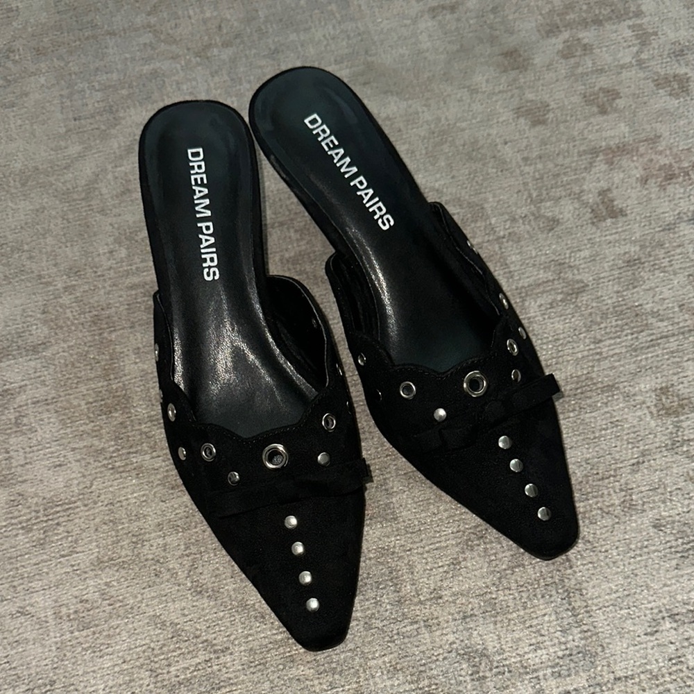 Black Studded Pointed Toe Mules